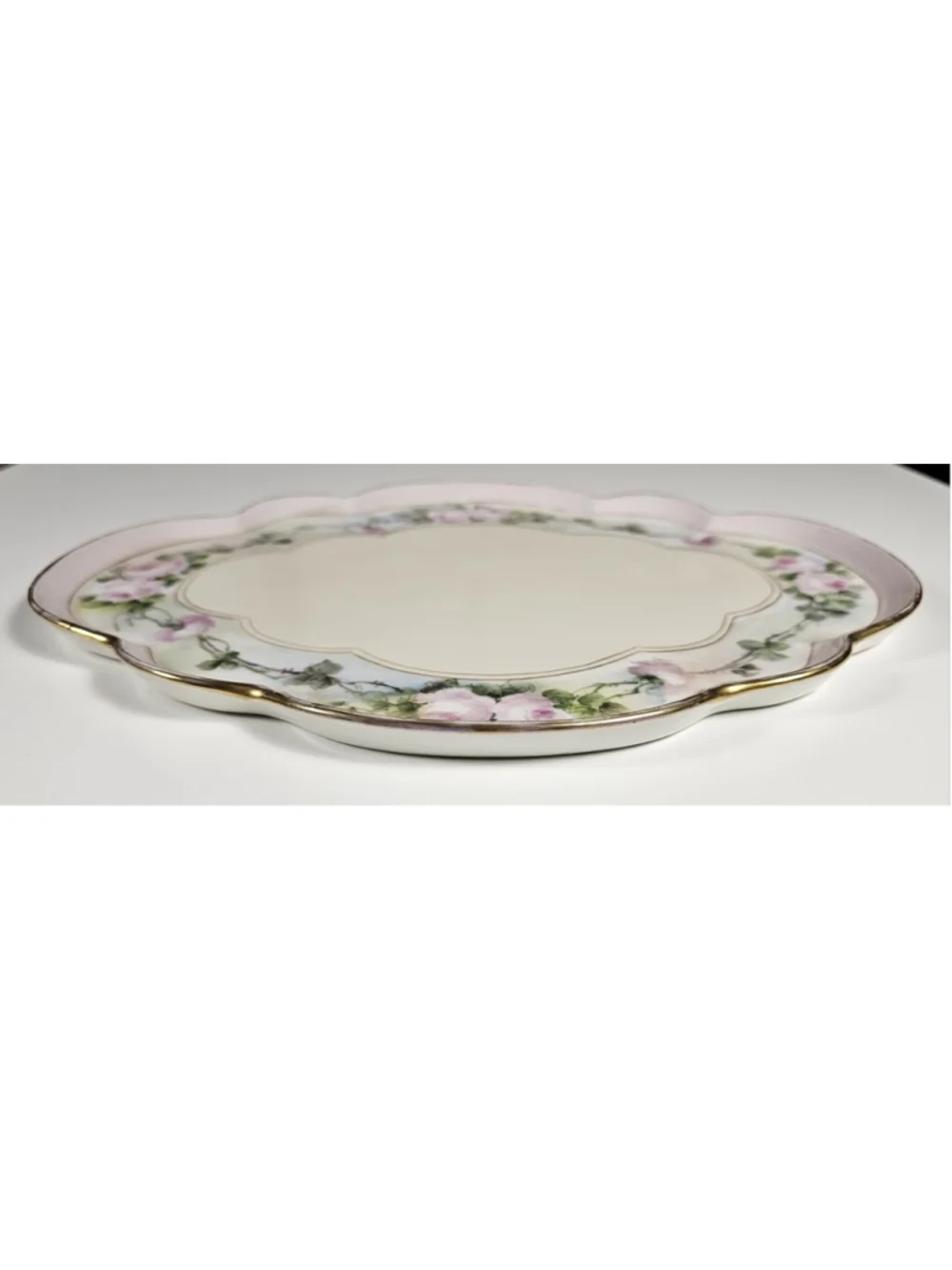 Antique GDA Limoges France Vanity Tray Hand Painted Pink Roses Gold Trim 1900